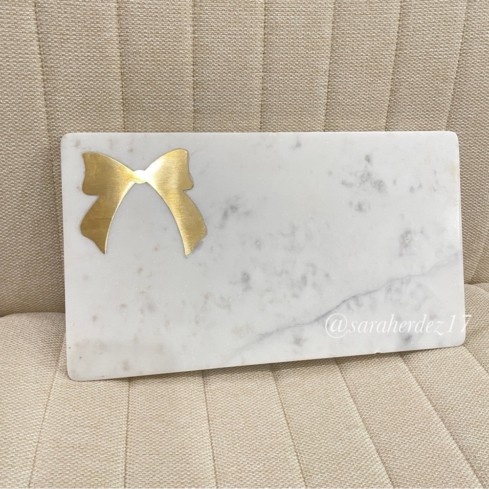NEW White Marble Serving Board Gold‎ Bow Inlay and Ball Feet Rectangular Tray